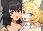  2girls andou_(girls_und_panzer) animal_ears arm_around_neck bangs black_bra black_eyes black_hair blonde_hair blue_eyes bra cheek-to-cheek collar commentary dark_skin detached_collar eyebrows_visible_through_hair fake_animal_ears fangs frilled_collar frills girls_und_panzer grey_background hand_on_another&#039;s_shoulder lingerie looking_at_viewer medium_hair messy_hair multiple_girls open_mouth oshida_(girls_und_panzer) portrait side-by-side simple_background tan3charge underwear white_collar 