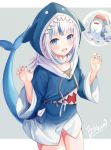  1girl :d animal_hood bloop_(gawr_gura) blue_eyes blue_hair blue_hoodie blue_nails commentary funii gawr_gura grey_background hands_up highres hololive hololive_english hood hood_up hoodie long_hair looking_at_viewer multicolored_hair nail_polish open_mouth shark_hood shark_tail sharp_teeth signature silver_hair smile streaked_hair symbol_commentary tail tail_raised teeth two-tone_background virtual_youtuber white_background 