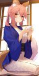  1girl absurdres animal_ear_fluff animal_ears bangs blush breasts closed_mouth cup fate/extra fate/grand_order fate_(series) fox_ears fox_girl fox_tail hair_between_eyes highres japanese_clothes jun_(aousa0328) kimono large_breasts long_hair long_sleeves looking_at_viewer pink_hair seiza shouji sidelocks sitting sliding_doors smile tail tamamo_(fate)_(all) tamamo_no_mae_(fate) twintails wide_sleeves yellow_eyes yukata 