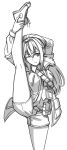  1girl arms_up bangs closed_mouth eyebrows_visible_through_hair greyscale hair_between_eyes hair_intakes highres jacket leg_up long_hair long_sleeves monochrome ndtwofives one_eye_closed original short_shorts shorts simple_background solo split standing standing_on_one_leg standing_split very_long_hair white_background 