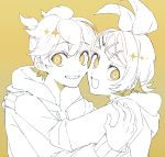  1boy 1girl bow brother_and_sister cheek-to-cheek eiku grin hair_bow hair_ornament hairclip hood hoodie hug kagamine_len kagamine_rin looking_at_viewer looking_back monochrome open_mouth short_hair short_ponytail siblings sketch smile twins vocaloid yellow_background yellow_eyes 