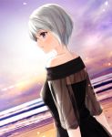  1girl bare_shoulders beach breasts commentary_request from_side light_smile looking_to_the_side medium_breasts nayuta69 original see-through_sleeves short_hair solo sunset violet_eyes white_hair 