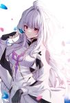  1girl absurdres ahoge artist_request bangs black_gloves breasts bug butterfly fate/grand_order fate/prototype fate_(series) fingerless_gloves gloves highres insect long_hair long_sleeves looking_at_viewer medium_breasts merlin_(fate/prototype) petals smile very_long_hair violet_eyes white_hair white_robe wide_sleeves 