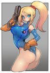  1girl adapted_costume blonde_hair blue_eyes breasts commentary dakusuta gun highres holding holding_gun holding_weapon large_breasts leotard looking_at_viewer metroid mole mole_under_mouth ponytail samus_aran solo twisted_torso weapon zero_suit 