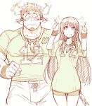  1boy 1girl animal_ears bara blush chest cow_ears facial_hair forked_eyebrows highres horns looking_at_another master_2_(tokyo_houkago_summoners) monochrome muscle short_hair shorts sketch smile sportswear thick_eyebrows tokyo_houkago_summoners wakan_tanka white_background yakisoba_ohmori 