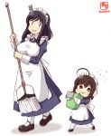  2girls :3 absurdres ahoge alternate_costume apron artist_logo black_footwear black_hair blue_eyes brown_hair bucket child commentary_request dated dress enmaided frilled_headband hair_ornament highres holding holding_mop kanon_(kurogane_knights) kantai_collection long_sleeves looking_at_another maid maid_apron maid_dress maid_headdress mary_janes mop multiple_girls open_mouth rag red_eyes shigure_(kantai_collection) shoes short_hair simple_background smile thigh-highs walking white_apron white_background white_legwear yamashiro_(kantai_collection) younger 