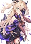  1girl bare_shoulders black_legwear blonde_hair bodystocking breasts bridal_gauntlets dress elbow_gloves eyepatch fischl_(genshin_impact) garter_straps genshin_impact gloves green_eyes gu_luco hair_ornament hair_over_one_eye hair_ribbon hand_up highres long_hair looking_at_viewer petals ribbon single_thighhigh small_breasts smile solo thigh-highs thighs two_side_up 