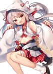  1girl :d animal_hood azur_lane blush breasts collar detached_sleeves eyebrows_visible_through_hair fang grey_hair hood japanese_clothes legs long_hair looking_at_viewer medium_breasts open_mouth red_collar red_eyes red_skirt ribbon-trimmed_skirt ribbon_trim simple_background skirt smile solo tabi tatara_maguro thick_eyebrows under_boob white_background wide_sleeves wolf_hood yuudachi_(azur_lane) yuudachi_(the_bride_of_solomon)_(azur_lane) 