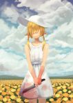  1girl absurdres bird blood bloody_clothes bloody_weapon closed_mouth clouds cloudy_sky covered_eyes day dress facing_viewer field flower flower_field hair_over_eyes hat highres holding holding_knife knife low_twintails okame_nin orange_flower original outdoors pointy_ears short_dress sky smile solo standing sun_hat sundress twintails weapon white_dress white_headwear yellow_flower 