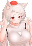  1girl :c absurdres animal_ear_fluff animal_ears bangs bare_shoulders black_bra blush bra bra_peek breasts detached_sleeves english_commentary hand_in_hair hat highres impossible_clothes impossible_shirt inubashiri_momiji large_breasts looking_at_viewer pom_pom_(clothes) red_eyes shirt short_hair sleeveless sleeveless_shirt solo swept_bangs take_(take143000) tokin_hat touhou turtleneck underwear upper_body white_background white_hair white_shirt wolf_ears 
