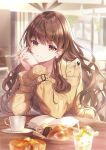 1girl bangs book brown_eyes brown_hair cake commentary_request cup earrings eyebrows_visible_through_hair food indoors jacket jewelry kagachi_saku long_hair long_sleeves looking_at_viewer original parted_lips signature smile solo yellow_jacket 