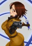  1girl anagumasan ass brown_eyes brown_hair earrings elbow_gloves gloves gun heart heart_earrings highres jewelry looking_at_viewer military military_uniform pointing short_hair solo the_king_of_fighters twisted_torso uniform weapon whip whip_(kof) 