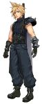  1boy armor baggy_pants belt black_footwear black_gloves blonde_hair blue_eyes blue_pants blue_shirt boots buster_sword cloud_strife final_fantasy final_fantasy_vii final_fantasy_vii_remake full_body gloves hair_between_eyes highres looking_at_viewer male_focus multiple_belts pants shirt short_hair shoulder_armor sleeveless sleeveless_turtleneck solo spiky_hair suspenders turtleneck uxspwt1u79uz1gu weapon weapon_on_back white_background 