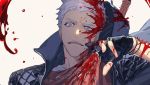  1boy black_gloves blood blood_on_face bloody_clothes blue_coat blue_eyes coat devil_may_cry_5 fingerless_gloves gloves hand_up highres hood hood_down hooded_coat looking_at_viewer male_focus nero_(devil_may_cry) ogata_tomio open_mouth portrait red_shirt shirt simple_background solo white_background white_hair white_shirt 