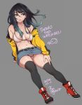  1girl 2020 agawa_ryou artist_name belt black_hair black_legwear blue_eyes boots breasts commentary dated denim denim_skirt english_text gradient_hair green_hair grey_background jacket looking_to_the_side midriff multicolored_hair navel original signature simple_background skirt solo thigh-highs 