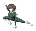  1girl aikir_(jml5160) akiyama_yukari arm_support bodysuit breasts brown_eyes brown_hair girls_und_panzer gloves highres medium_breasts messy_hair short_hair solo super_sentai white_footwear white_gloves 