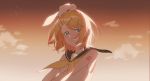  1girl bare_arms bare_shoulders blonde_hair bloom blue_eyes bow clouds grin hair_bow hair_ornament hairclip highres hui_yan kagamine_rin looking_at_viewer number_tattoo orange_sky sailor_collar shirt short_hair shoulder_tattoo sky sleeveless sleeveless_shirt smile star_(sky) starry_sky sunset tattoo treble_clef twilight vocaloid 