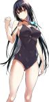  1girl ass_visible_through_thighs bare_legs black_hair black_swimsuit breasts covered_navel cowboy_shot goggles goggles_around_neck hair_between_eyes haitekudasai_takamine-san hiiragi_yuuichi holding holding_towel large_breasts long_hair looking_at_viewer one-piece_swimsuit red_eyes sideboob simple_background skin_tight solo straight_hair swimsuit takamine_takane thighs towel wet white_background 