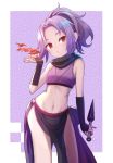  1girl breathing_fire commentary_request fire forehead gloves highres kunai kunoichi_tsubaki_no_mune_no_uchi kuromu-9696 midriff navel ninja pelvic_curtain ponytail purple_hair red_eyes sazanka_(kunoichi_tsubaki_no_mune_no_uchi) weapon 