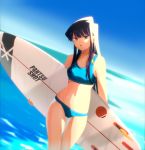  1girl absurdres bikini black_eyes black_hair blue_sky breasts buruma cowboy_shot day highres holding holding_surfboard horizon katerina_mey komi-san_wa_komyushou_desu komi_shouko long_hair looking_at_viewer medium_breasts navel ocean outdoors sky sports_bikini sportswear surfboard swimsuit swimwear thigh_gap water 