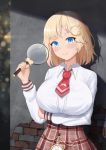  1girl arm_under_breasts bangs blonde_hair blue_eyes blush breasts closed_mouth collared_shirt commentary_request detective eyebrows_visible_through_hair hair_ornament highres holding hololive hololive_english huge_breasts long_sleeves looking_at_viewer magnifying_glass medium_hair monocle_hair_ornament mustache_print necktie outdoors peterchuu plaid plaid_skirt red_neckwear shirt skirt smile solo stone_wall virtual_youtuber wall watson_amelia white_shirt 