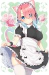  1girl absurdres animal_ears apron blue_eyes breasts cat_ears dress dress_lift eyebrows_visible_through_hair garter_straps garters go-1 highres large_breasts looking_at_viewer maid maid_apron maid_headdress multicolored_hair original pink_hair sidelocks skirt skirt_lift solo standing tail thigh-highs white_legwear 