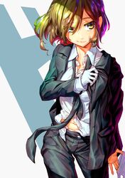  1girl belt biting business_suit colorful dedeen formal gloves highres long_sleeves multicolored multicolored_background necktie open_clothes open_shirt sasaki_(suzumiya_haruhi) shiny short_hair smile suit suzumiya_haruhi_no_yuuutsu undressing 