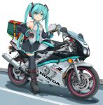  1girl aqua_eyes aqua_hair aqua_neckwear black_footwear black_gloves black_legwear black_skirt black_sleeves blouse book boots closed_mouth collared_blouse commentary detached_sleeves eyebrows_visible_through_hair gloves grey_blouse ground_vehicle hair_ornament hatsune_miku headphones highres holding holding_book honda honda_cb400 logo looking_at_viewer mikeran_(mikelan) miniskirt motor_vehicle motorcycle necktie on_motorcycle pleated_skirt road shadow skirt smile solo thigh-highs twintails vocaloid white_background wing_collar 