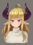 +_+ 1girl ahoge argyle argyle_sweater closed_mouth cropped_torso demon_horns earrings grey_background highres horns jewelry looking_at_viewer okame_nin original pointy_ears red_eyes simple_background smile solo sweater upper_body urushia_(okame_nin) white_sweater yellow_pupils 