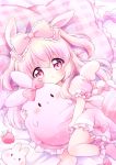 1girl animal_ears bed blush bow checkered chiika_(cure_cherish) child dress hair_bow highres long_hair lying object_hug on_back on_bed original pillow pink_bow pink_eyes pink_footwear pink_hair puffy_short_sleeves puffy_sleeves rabbit_ears short_sleeves socks solo stuffed_animal stuffed_bunny stuffed_strawberry stuffed_toy two_side_up 