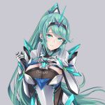  1girl bangs breasts chest_jewel earrings gloves green_eyes green_hair grey_background head_tilt highres jewelry large_breasts long_hair long_ponytail pneuma_(xenoblade) ponytail sarasadou_dan simple_background solo swept_bangs tiara upper_body very_long_hair xenoblade_chronicles_(series) xenoblade_chronicles_2 