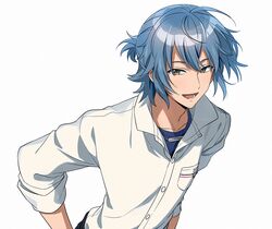  1boy :d blue_hair blue_shirt brown_eyes buttons collared_shirt commentary dress_shirt hair_between_eyes hand_on_hip highres looking_at_viewer lower_teeth mahoutsukai_no_yakusoku male_focus nero_(mahoutsukai_no_yakusoku) open_mouth sayshownen school_uniform shirt short_hair smile solo undershirt upper_body white_shirt 