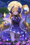  :d ahoge artist_name bangs bare_shoulders blonde_hair blue_eyes breasts bridal_gauntlets character_request clouds cloudy_sky commentary detached_sleeves dragalia_lost dress english_commentary eyebrows_visible_through_hair flower full_moon glowing hagoromo hair_between_eyes hentaki highres holding holding_staff long_hair long_sleeves medium_breasts moon night night_sky open_mouth outdoors petals pink_flower puffy_long_sleeves puffy_sleeves purple_dress purple_flower shawl sky sleeveless sleeveless_dress smile sparkle staff standing star_(sky) starry_sky very_long_hair watermark web_address white_sleeves 
