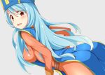  1girl blue_hair blue_headwear blush bodysuit breasts brown_eyes dou-t dragon_quest dragon_quest_iii eyebrows_visible_through_hair grey_background hat highres large_breasts long_hair looking_at_viewer mitre open_mouth orange_bodysuit priest_(dq3) sideboob simple_background smile solo tabard 
