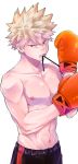  1boy 310_mha abs bakugou_katsuki black_shorts blonde_hair boku_no_hero_academia boxing_gloves gloves hands_up highres looking_at_viewer male_focus mouth_hold navel nipples orange_gloves pectorals red_eyes red_gloves shirtless short_hair shorts simple_background solo spiky_hair sportswear symbol_commentary upper_body white_background 