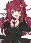  1girl :d bangs black_capelet black_dress blue_eyes blush brown_background brown_wings capelet commentary_request crescent crescent_hair_ornament demon_girl demon_horns demon_wings dress eyebrows_visible_through_hair fang frilled_capelet frilled_sleeves frills hair_between_eyes hair_ornament hands_up heart heart_hands heterochromia horns long_hair long_sleeves looking_at_viewer maki_soutoki neck_ribbon nijisanji open_mouth red_eyes red_ribbon redhead ribbon smile solo two_side_up very_long_hair virtual_youtuber wings yuzuki_roa 