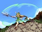  1girl bangs blonde_hair blue_eyes bow breasts brown_footwear clouds day dress green_dress hair_bow helmet holding holding_weapon long_hair low-tied_long_hair lowres open_mouth outdoors pixel_art polearm riesz seiken_densetsu seiken_densetsu_3 sky solo spear standing warabin_(suteki_denpun) weapon winged_helmet 