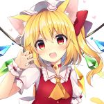  1girl :d absurdres animal_ears ascot bangs bell bell_collar blonde_hair blush bow cat_ears cat_tail claw_pose collar commentary_request crystal eyebrows_visible_through_hair fang flandre_scarlet frilled_cuffs frilled_shirt_collar frills hair_between_eyes hair_bow hat heart highres kemonomimi_mode looking_at_viewer mob_cap one_side_up open_mouth puffy_short_sleeves puffy_sleeves red_bow red_eyes red_vest ruhika short_hair short_sleeves simple_background smile solo tail touhou upper_body vest white_background wings yellow_neckwear 