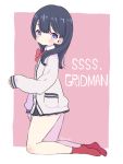  1girl black_hair blazer blue_eyes commentary_request copyright_request full_body jacket kneeling long_hair long_sleeves looking_at_viewer maitou no_shoes pink_background red_legwear sleeves_past_wrists socks solo ssss.gridman takarada_rikka twitter_username two-tone_background white_background 