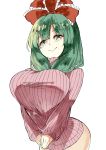  1girl bow breast_squeeze breasts deetamu frilled_ribbon frills green_eyes green_hair hair_bow hair_ribbon hands_together highres kagiyama_hina large_breasts looking_at_viewer no_pants red_bow ribbon smile solo sweater touhou white_background 