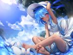  1girl ;) arm_up armpits bangs bare_arms bare_legs bare_shoulders blue_flower blue_hair blue_ribbon blue_sky blush breasts brooch clouds commentary crossed_legs dark_skin day dress eyebrows_visible_through_hair feet flower grin hair_between_eyes hand_on_headwear hat hat_ribbon highres jewelry lens_flare looking_at_viewer mitsukuni one_eye_closed outdoors petals pink_eyes ribbon shoes_removed short_hair sitting sky sleeveless sleeveless_dress small_breasts smile soles solo soui sun_hat toes tree watch watch white_dress white_headwear wixoss 