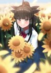  1girl artemis_of_the_blue atelier_live bangs black_eyes black_hair blue_skirt bow bowtie bright_pupils english_commentary flower highres holding holding_flower light_blush long_hair looking_up red_neckwear ryo_(ryo_artys) school_uniform shark_fin skirt smile solo sunflower virtual_youtuber white_pupils 