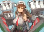  1girl bangs bare_shoulders blue_background breasts brown_eyes brown_hair detached_sleeves hair_between_eyes headdress highres kantai_collection large_breasts littorio_(kantai_collection) long_hair long_sleeves moor necktie rigging simple_background solo upper_body wavy_hair white_headwear 