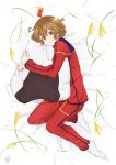  1boy ahoge brown_eyes food_themed_pillow full_body hair_between_eyes highres huge_ahoge light_brown_hair long_sleeves looking_at_viewer love_kome lying nikomaru on_side pants pillow pillow_hug red_pants school_uniform solo white_footwear yupinaccho 