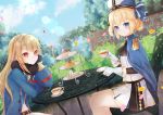  2girls arch ascot azur_lane bangs belt black_gloves black_neckwear black_scarf blonde_hair blue_cape blue_coat blue_eyes blue_headwear blue_sky braid brick_wall brown_belt bush cake cake_slice cape chair clouds coat commentary_request crossed_bangs cup day dutch_angle epaulettes food garden glint gloves hair_between_eyes hair_ornament hardy_(azur_lane) hat head_rest highres holding holding_cup hunter_(azur_lane) lens_flare light_brown_hair long_hair long_sleeves looking_at_viewer midriff military_hat multiple_girls navel no_headwear ougi_(u_to4410) outdoors petals plant plate red_eyes ribbon sandwich scarf shirt short_shorts shorts sidelocks sitting skirt sky smile table tea teacup tiered_tray trench_coat white_gloves white_shirt white_shorts white_skirt x_hair_ornament 