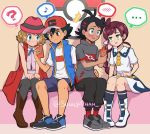  ... 2boys 2girls ? antenna_hair ash_ketchum baseball_cap black_hair black_shorts blonde_hair blue_bow blue_eyes blue_footwear blue_vest blush boots bow brown_eyes brown_footwear chloe_(pokemon) coat dark_skin dark_skinned_male gen_4_pokemon goh_(pokemon) green_eyes grey_footwear grey_shirt grin hand_on_another&#039;s_hip hat looking_at_another looking_at_phone multiple_boys multiple_girls musical_note no_pupils open_mouth phone pink_headwear pink_shirt poke_ball_symbol pokemon pokemon_(anime) pokemon_swsh_(anime) purple_hair purple_shorts red_coat rotom rotom_phone sara_bonetti school_uniform serena_(pokemon) shirt shoes shorts sitting smile sneakers speech_bubble thigh-highs twitter_username vest 