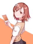  1girl brown_eyes brown_hair card commentary_request cowboy_shot highres looking_at_viewer misaka_mikoto nanaheibei_3 orange_background school_uniform short_hair smile solo sweater_vest to_aru_kagaku_no_railgun to_aru_majutsu_no_index tokiwadai_school_uniform two-tone_background white_background 