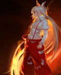  1girl absurdly_long_hair arm_garter arm_strap baggy_pants bangs bow breasts clenched_hand collared_shirt commentary_request dark_background feet_out_of_frame fiery_hair fire flame flaming_eye floating_hair from_below fujiwara_no_mokou grey_hair hime_cut inishie_kumo juliet_sleeves long_hair long_sleeves looking_down looking_to_the_side orange_eyes pants parted_lips profile puffy_sleeves red_pants shirt sidelocks sideways_glance silver_hair small_breasts solo suspenders taut_clothes taut_shirt touhou very_long_hair white_bow white_shirt wing_collar 