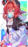  1girl absurdres alternate_costume ange_katrina baseball_cap blue_eyes bubble_blowing can destiny549-2 flat_chest hand_in_pocket hat highres holding holding_can hood hoodie looking_at_viewer nijisanji redhead short_hair solo spray_can triangle_hair_ornament virtual_youtuber white_hoodie 
