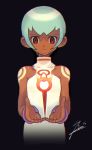  bare_shoulders bracelet breasts closed_mouth dark_skin dress geruo green_hair jewelry red_eyes rockman rockman_dash sera_(rockman_dash) short_hair simple_background small_breasts tattoo 